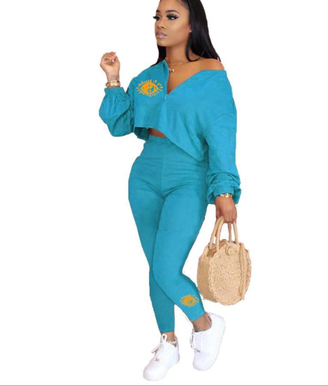 (IN STOCK) WOMENS FALL TWO PIECE PANTS SET (Teal Blue)